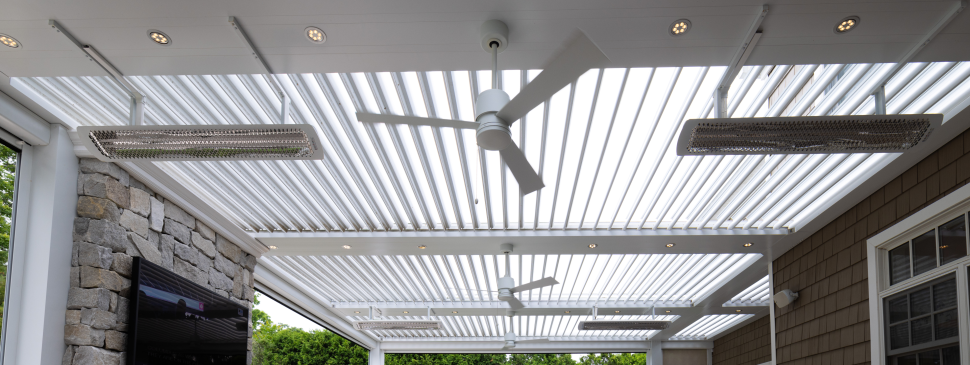 Modern ceiling fan in outdoor pergola