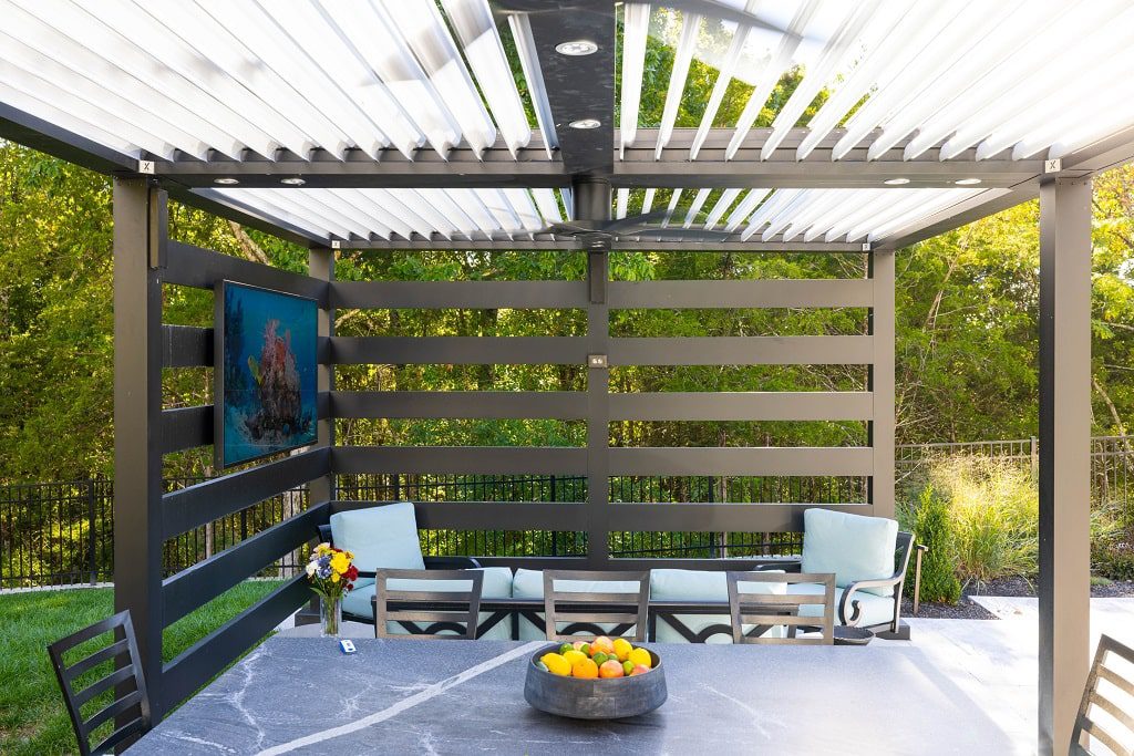 Customized Pergola X with lights and adjustable white roof