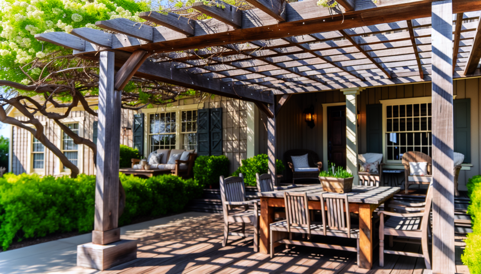 Pergola Front Porch outdoor wood design with wood tables and chairs