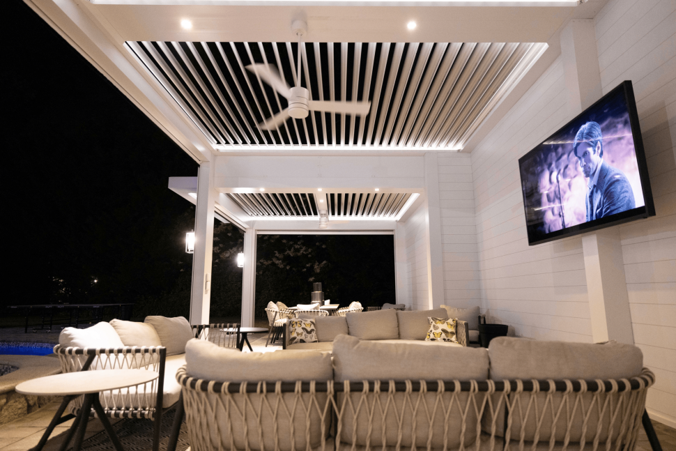 Customized white outdoor Pergola with TV wall