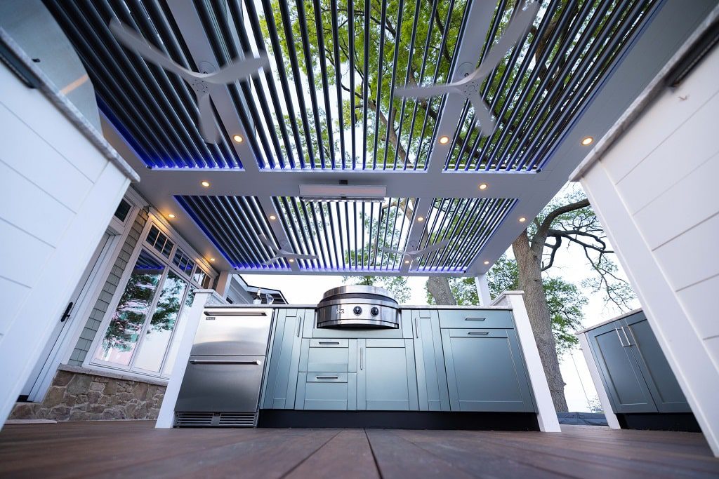 Customizable option for StruXure pergolas and cabanas with fans, lights, and Bromic heaters. 