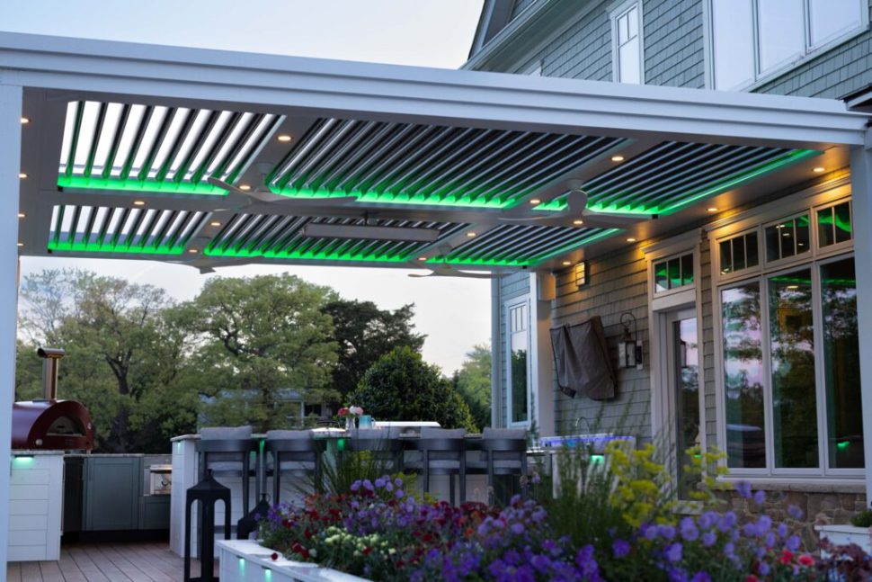 Struxure white outdoor Pergola with customized green lights