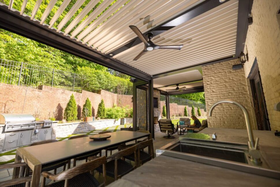 Pergola X over outdoor patio area