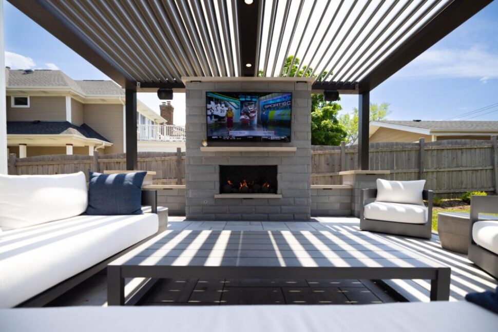 Pergola X with outdoor fireplace and TV