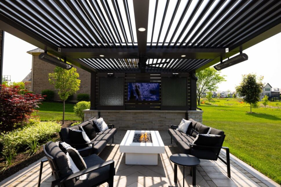 pergola over outdoor living space with entertainment