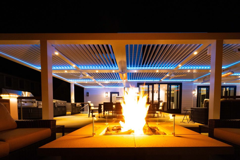 Pergola X over an outdoor fire pit