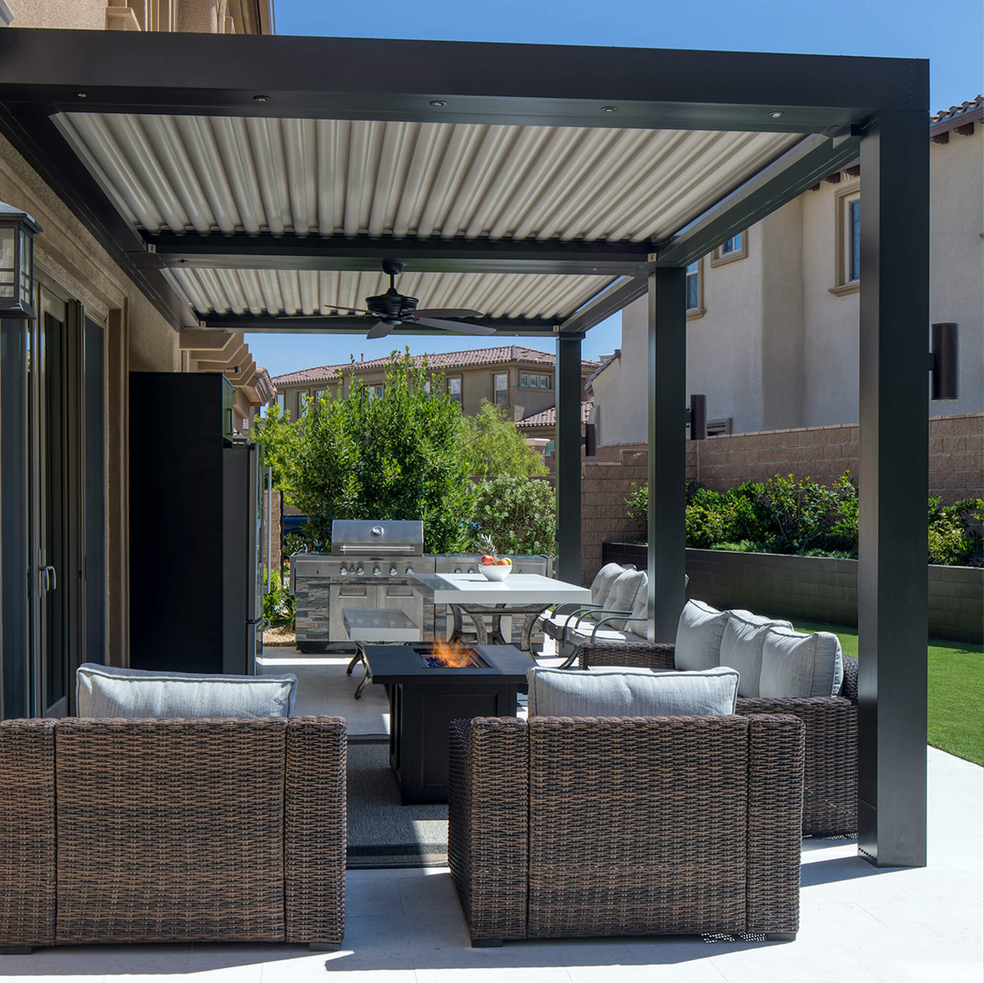 Customized black outdoor Pergola with white roof and fan