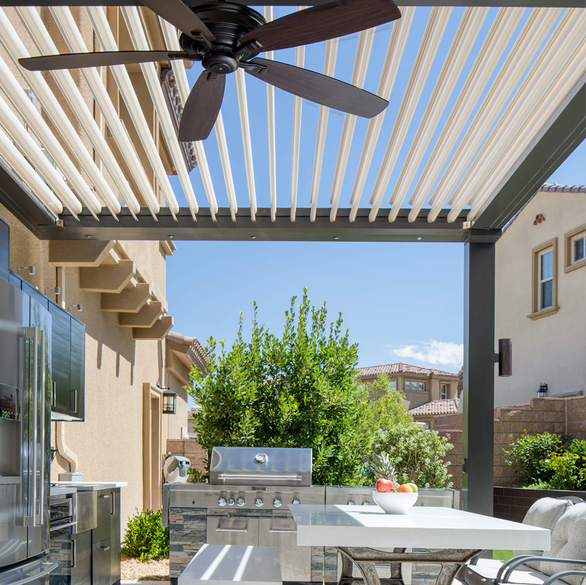 Customized bronze outdoor Pergola with white roof and fan
