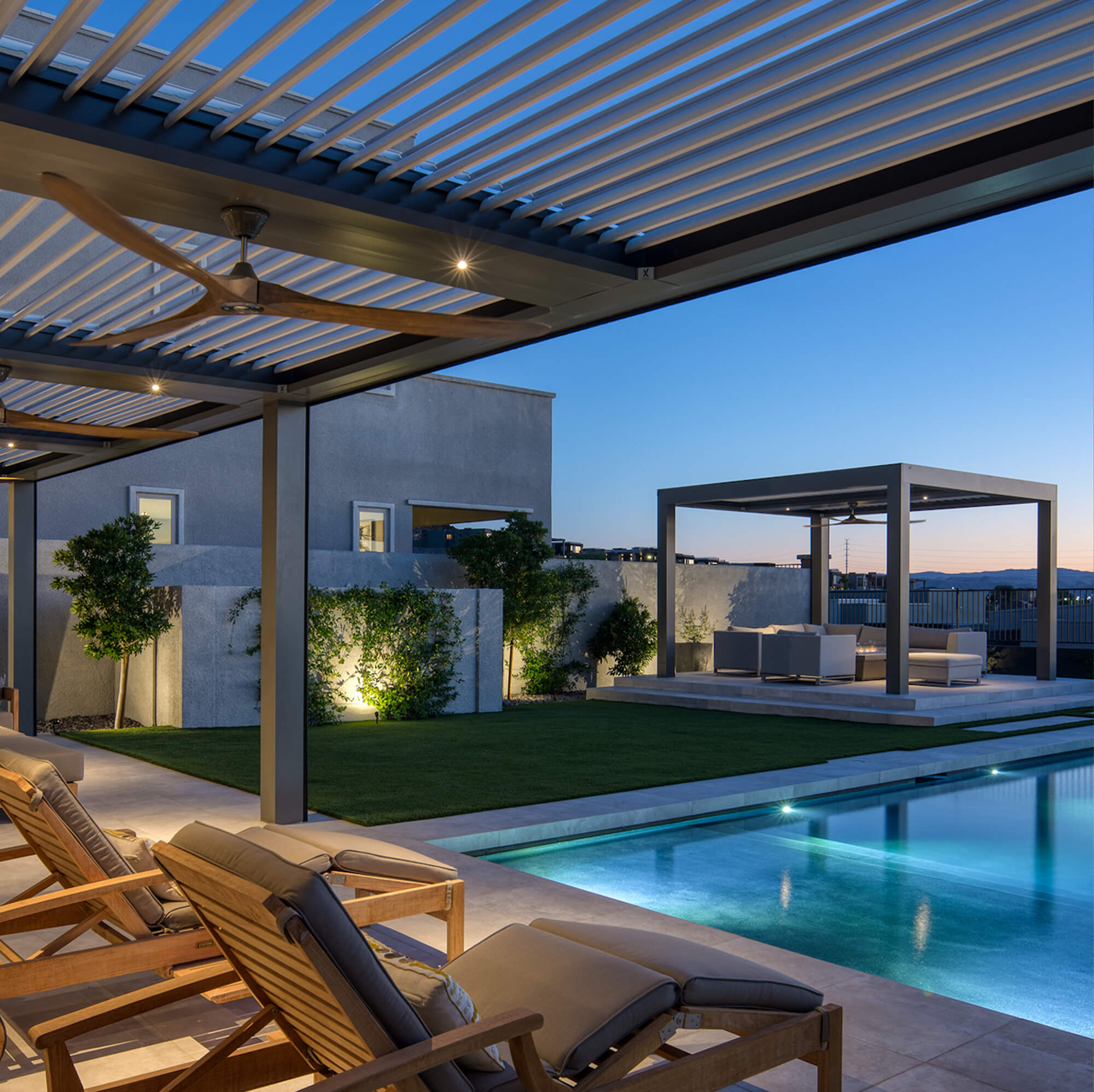 sunset view outdoor canopy design with beside grass and pool