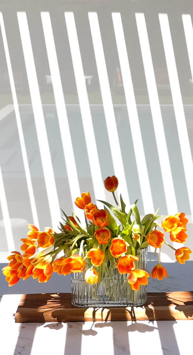Orange flowers under a pergola.