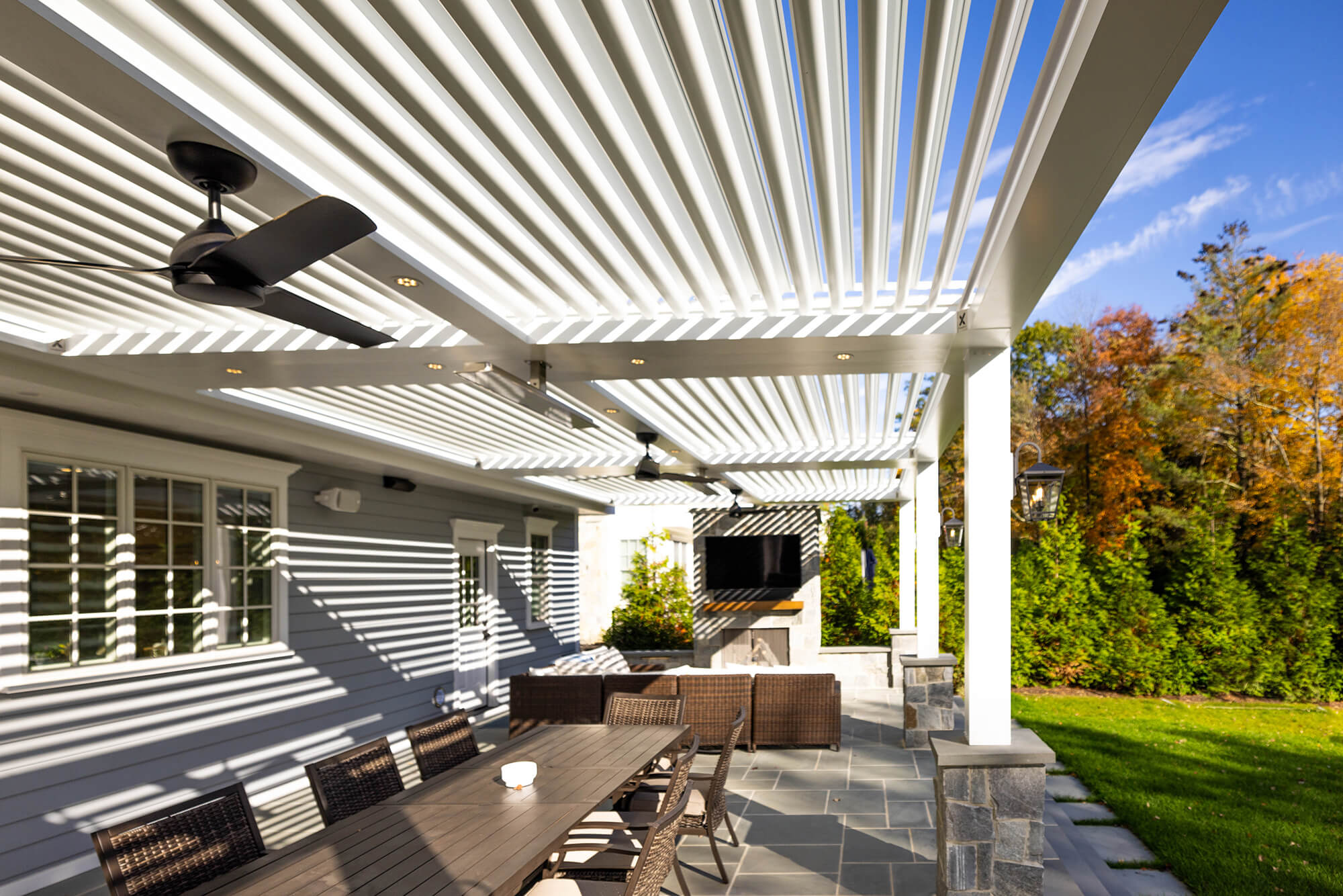 Backyard white patio deck
