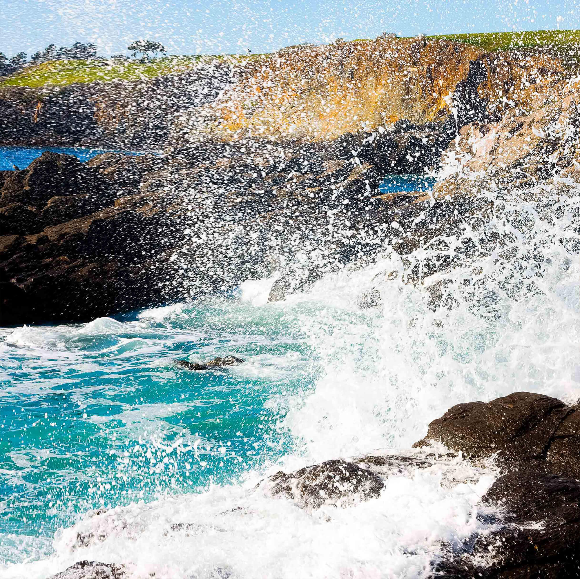 Waves crashing on rocks at a shore