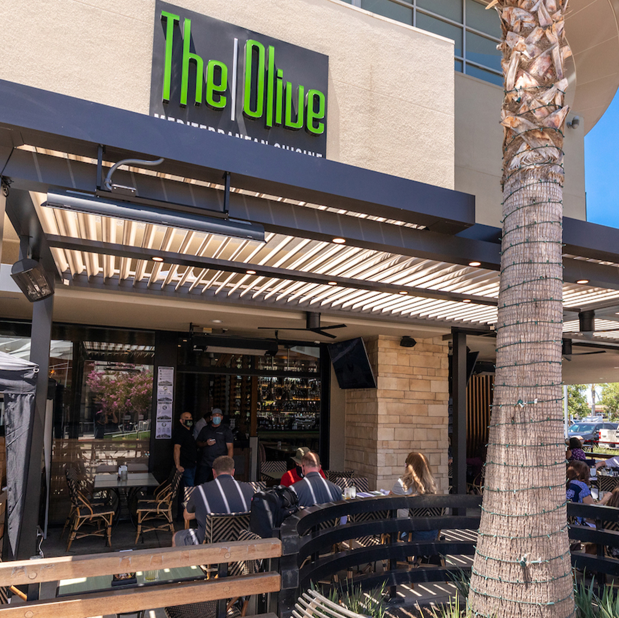 Outside area of The Olive restaurant where the patio is located.