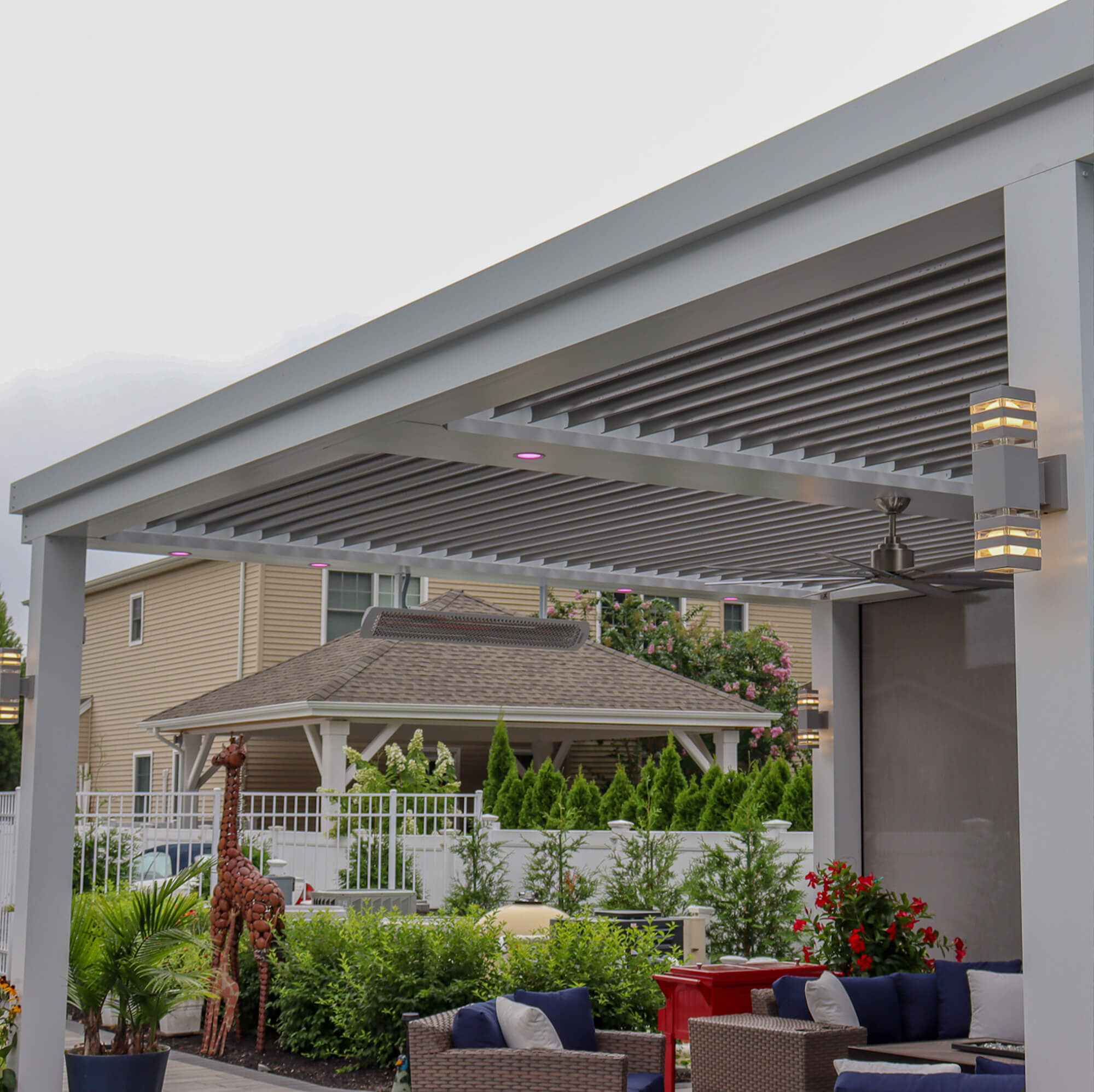 right side view dirty white double canopy design near the pool