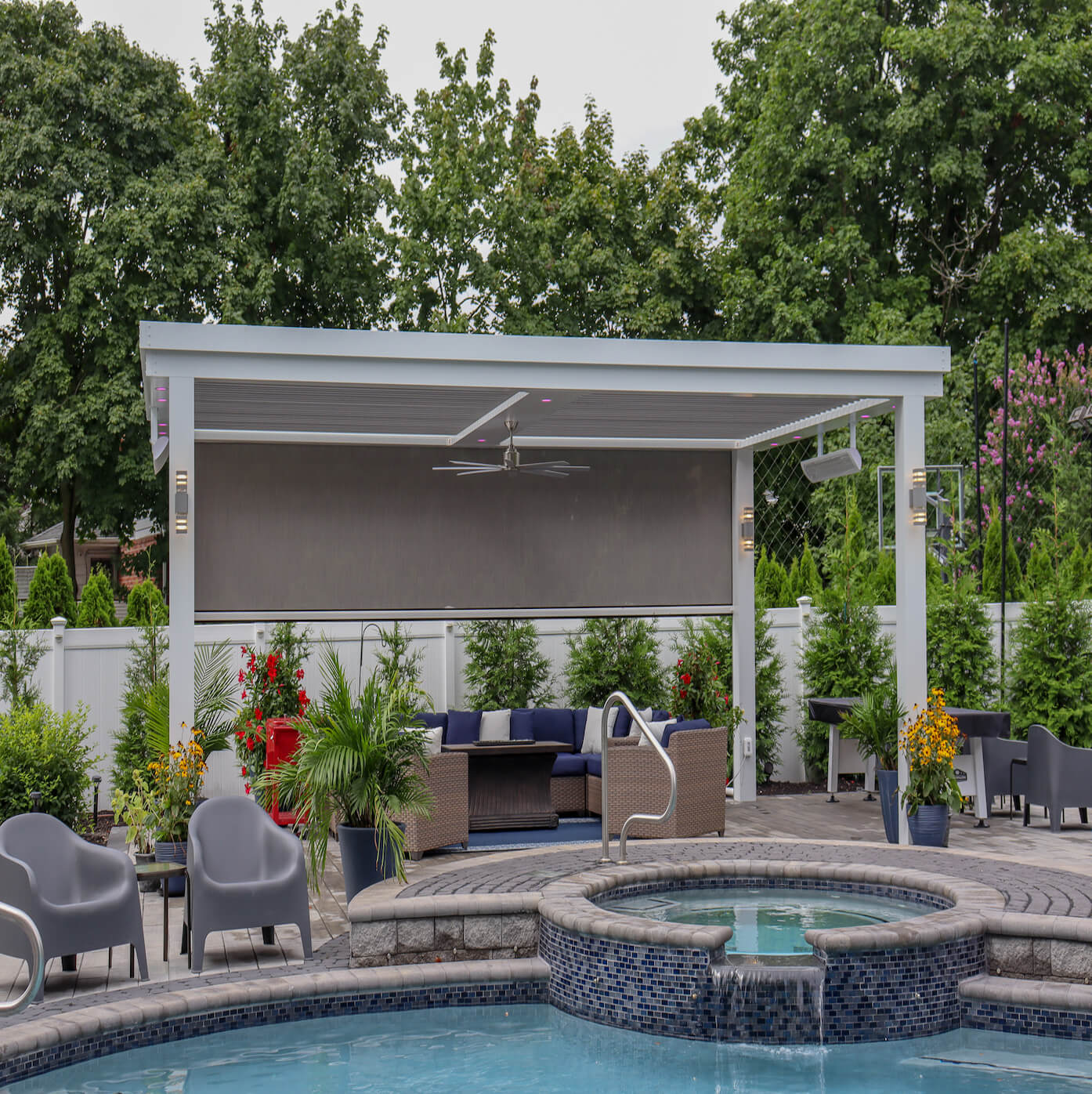 front view double canopy design near the pool