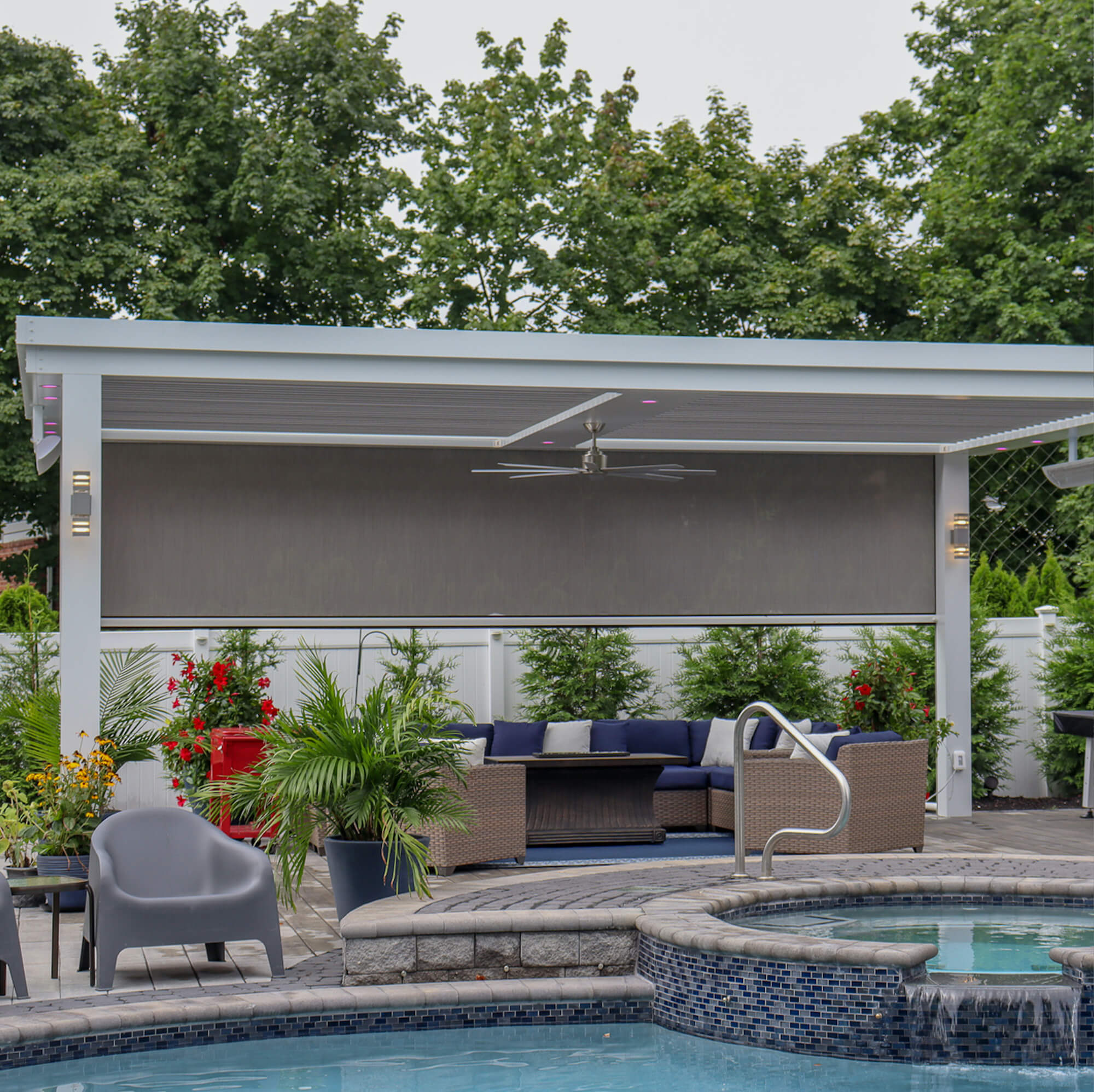 front side view dirty white double canopy design near the pool
