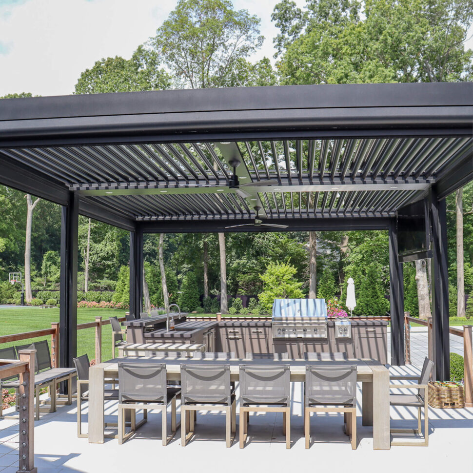 closer view double black canopy with kitchen table and chairs