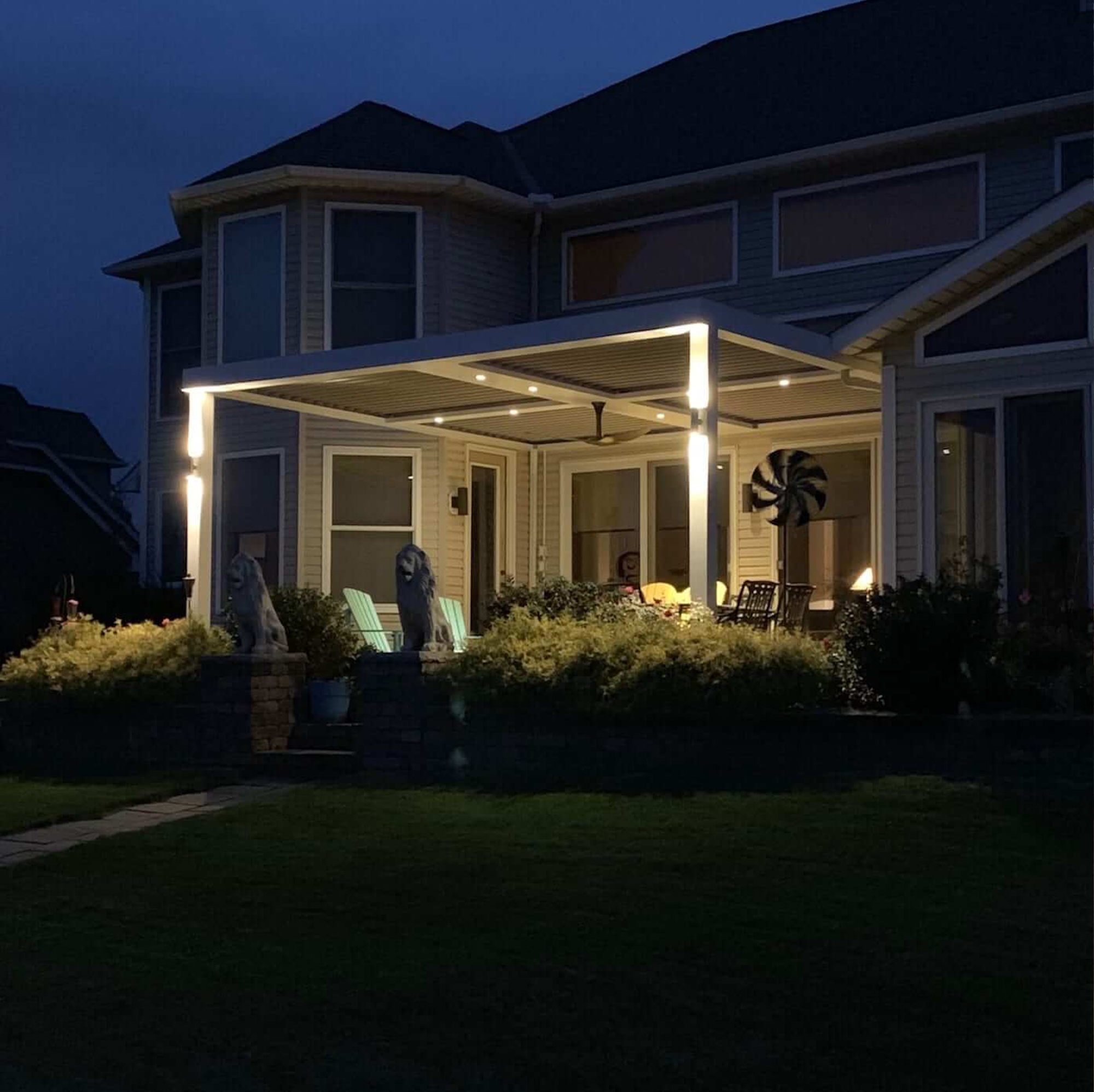 night view of white outdoor canopy lights on
