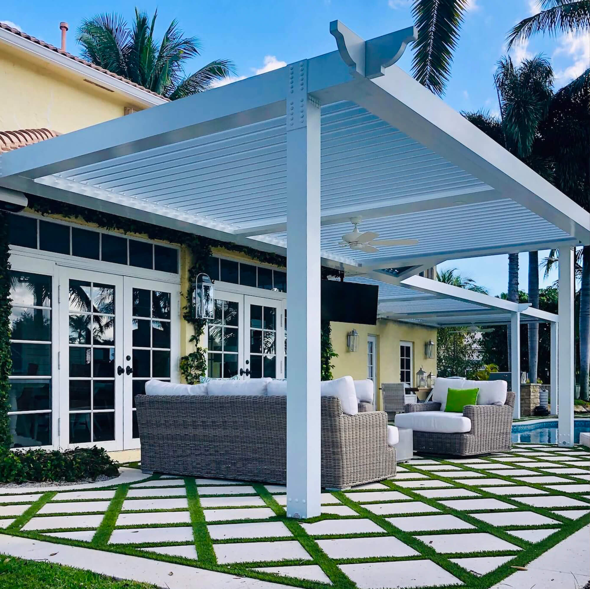 Customized white outdoor pergola with sofa set and pillow