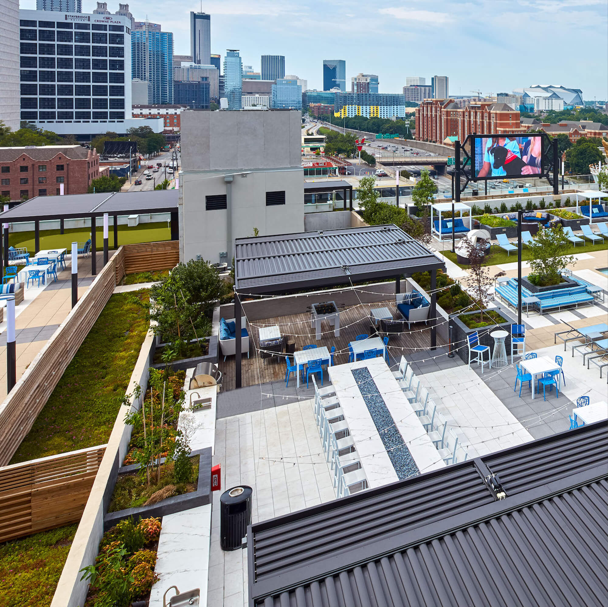 Side top view of roof top outdoor canopy restaurant