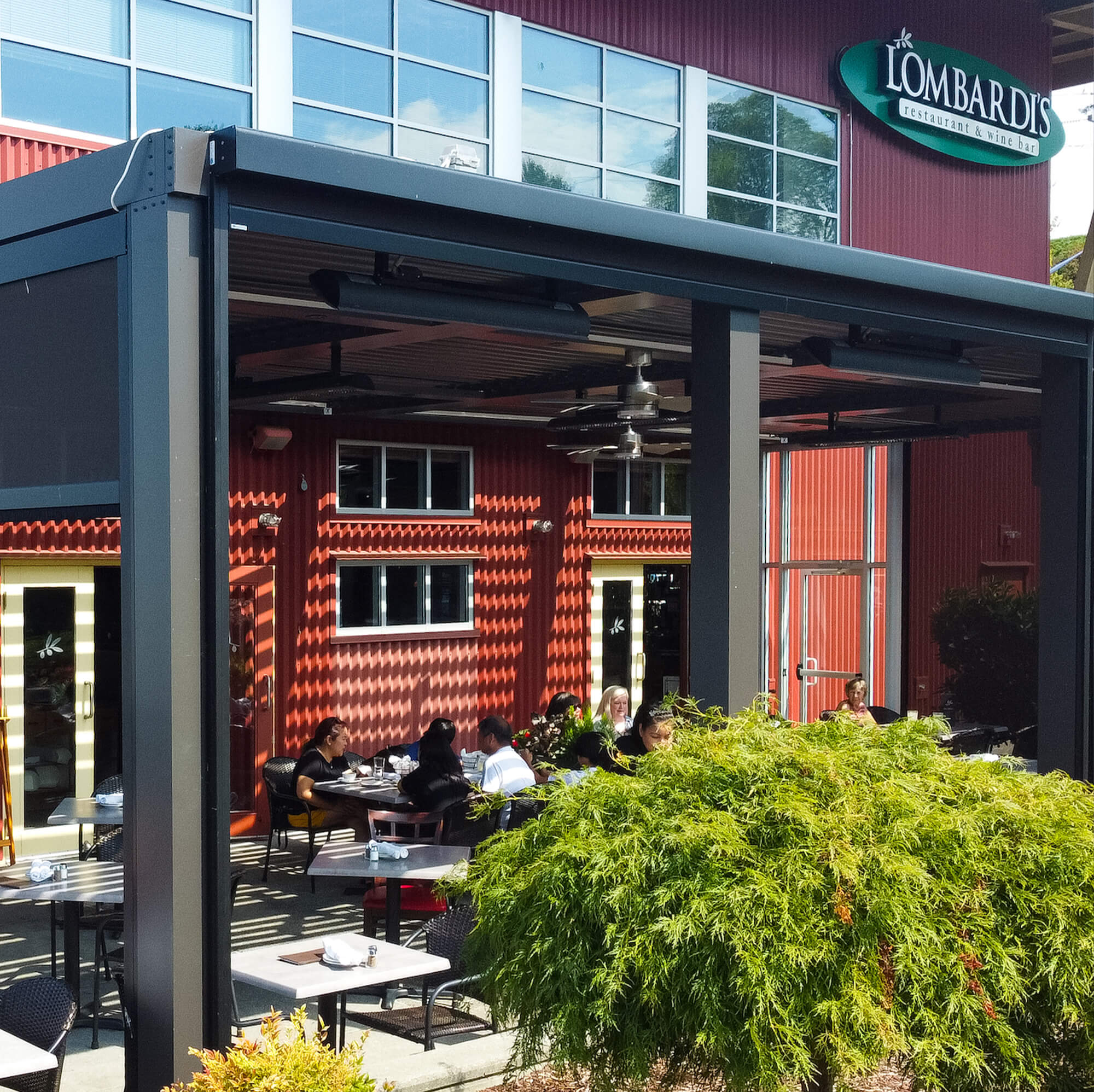 Lombardis restaurant front view with customers eating outdoor