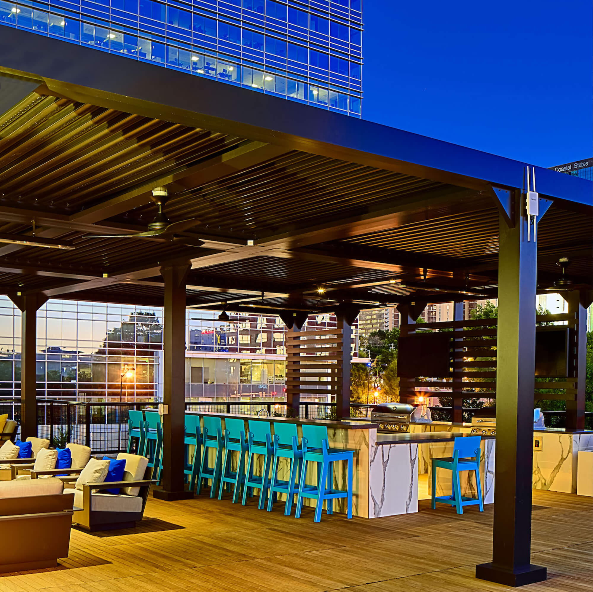 outdoor and grilling deck facing building downtown