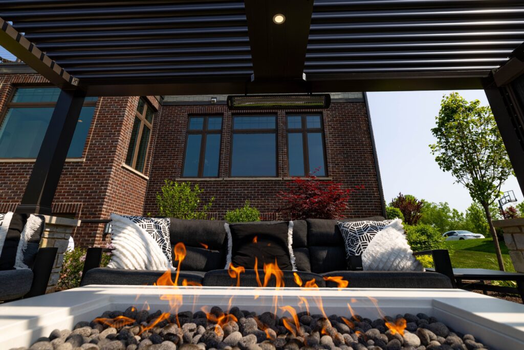 Pergola X over outdoor space with fire pit