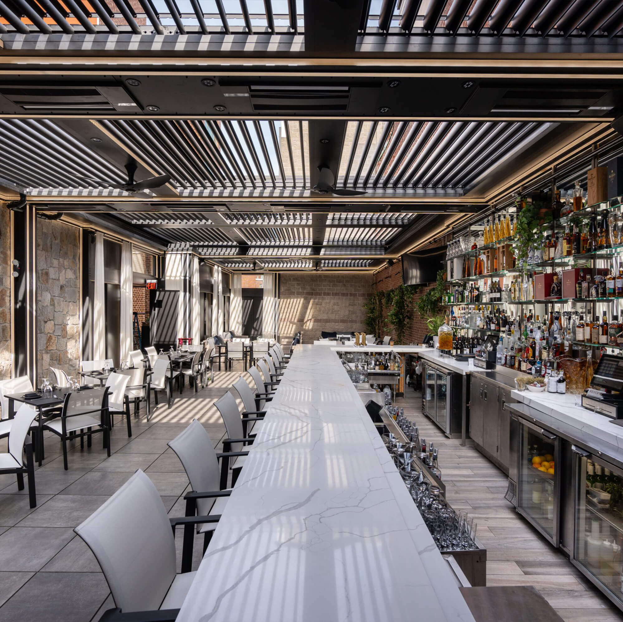A side view of the bar area where the drinks are located.