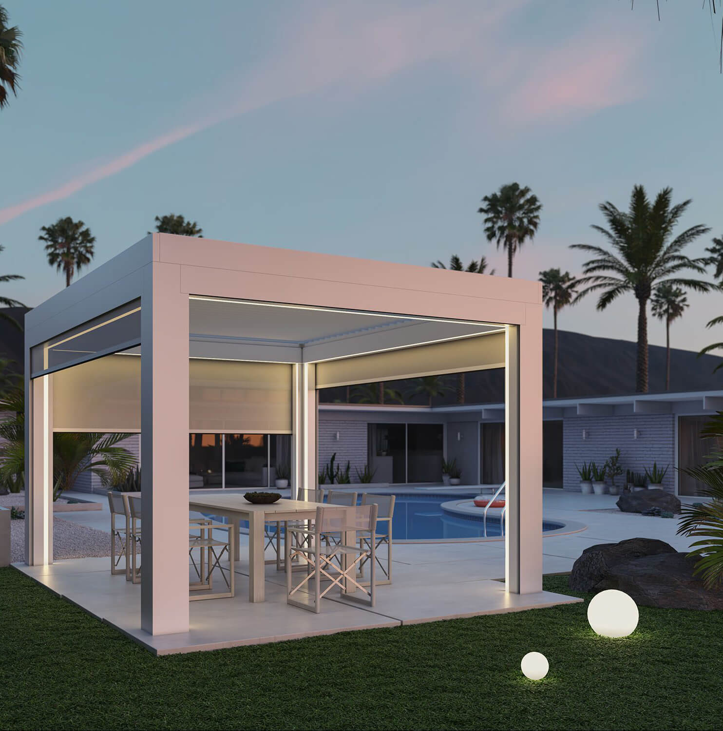 Pergola near pool at sunset.