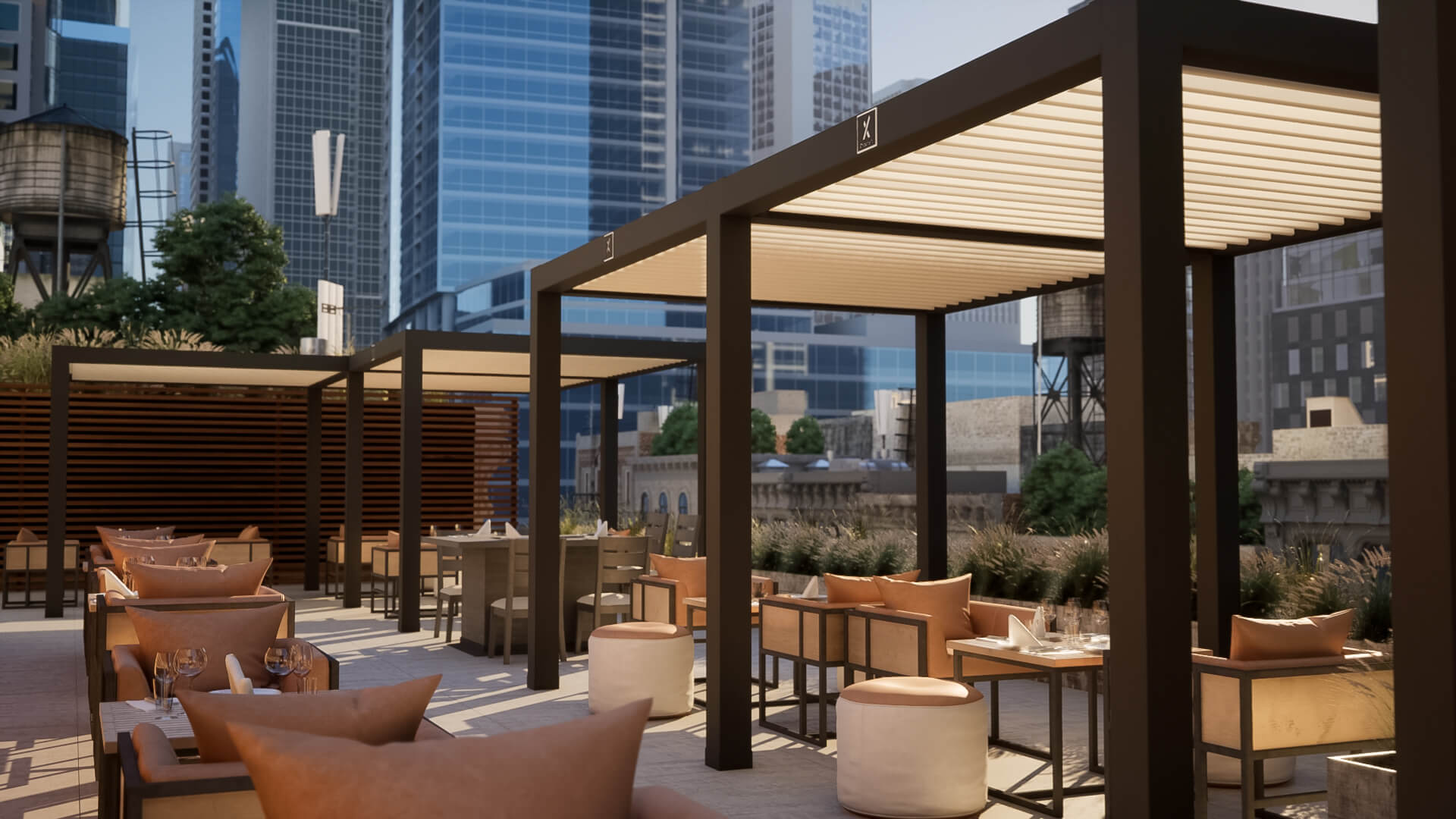 Chic rooftop restaurant with modern louvered pergolas, elegant seating, and panoramic views of downtown skyscrapers