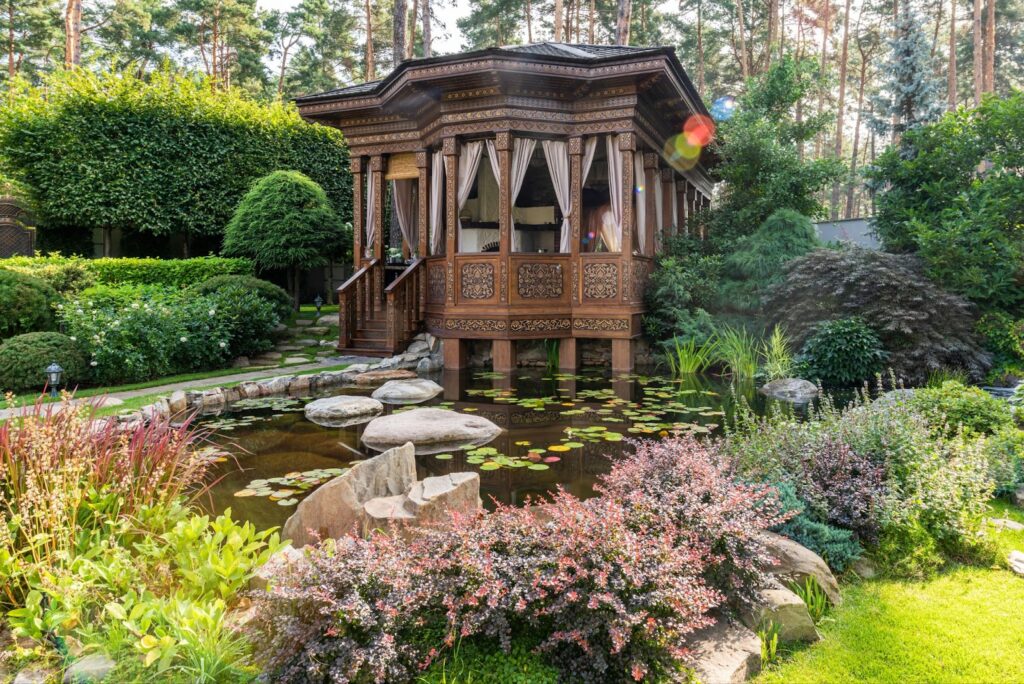 Gazebo Overlooking Pond in Backyard