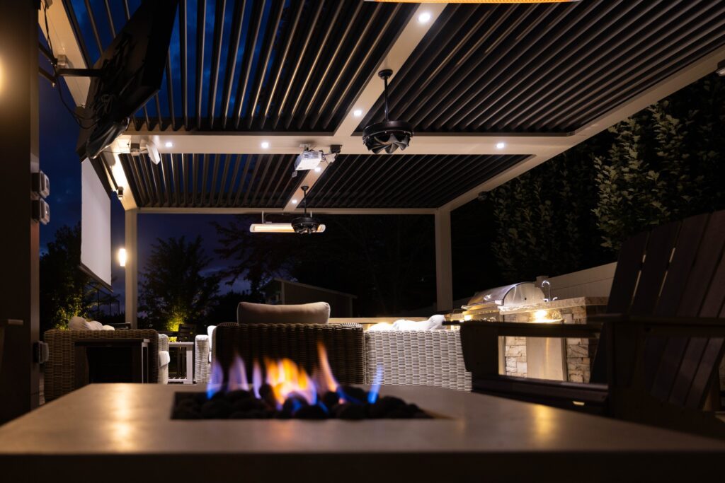 StruXure pergola with outdoor fire pit