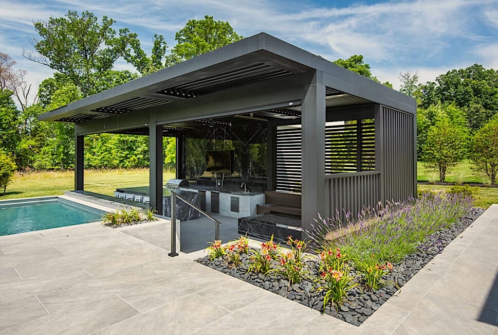 Black Pergola with Background Parallel panel installed