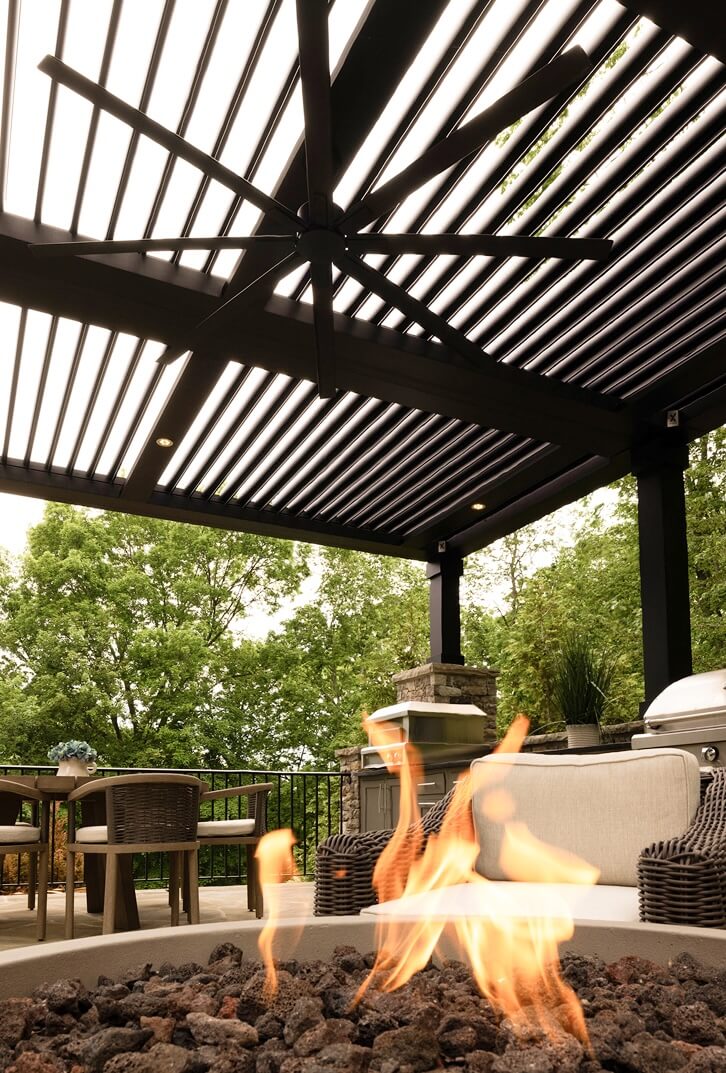 Pergola X over a sitting area with a fire pit