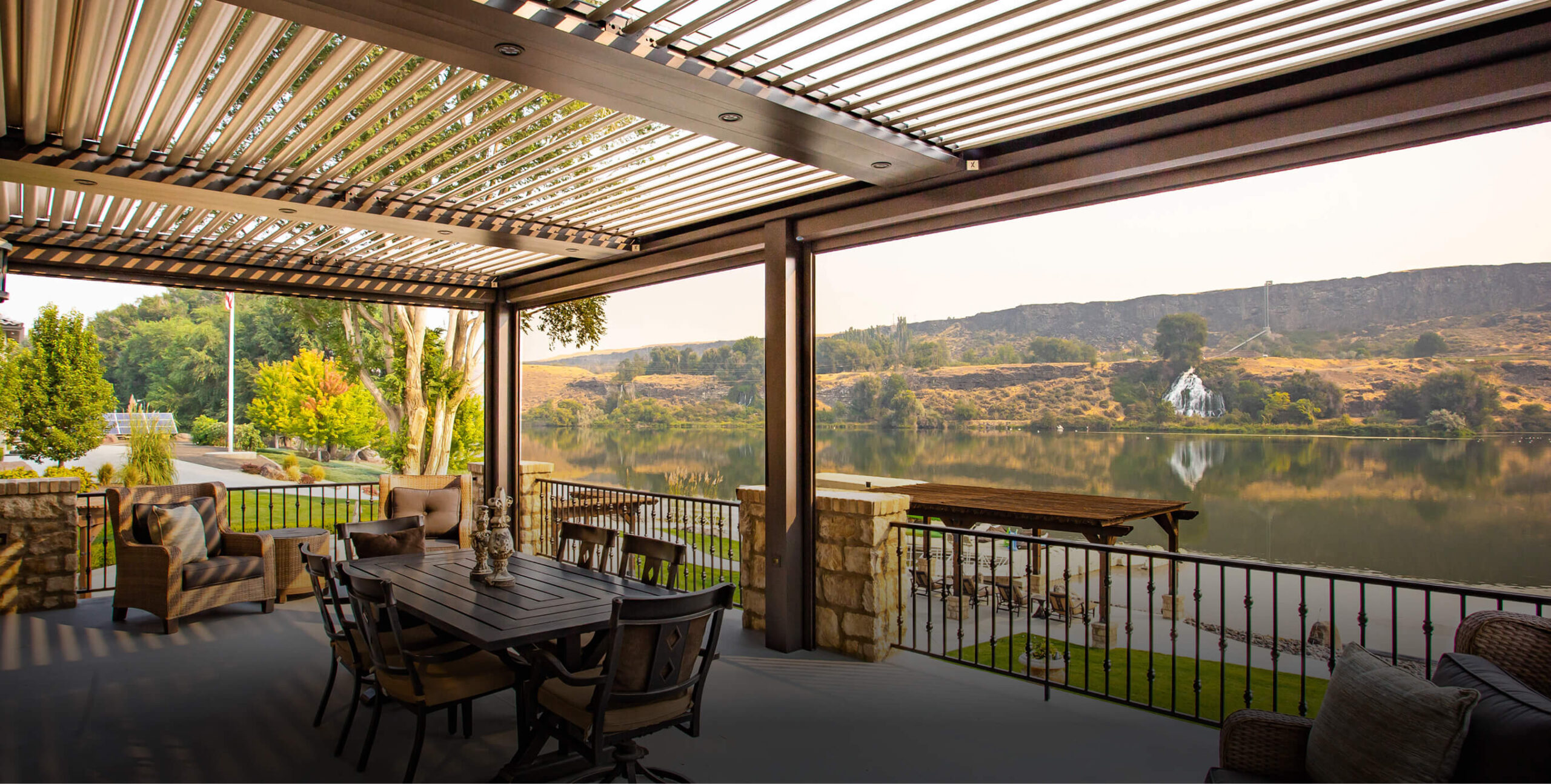 View from under a pergola looking out over lake