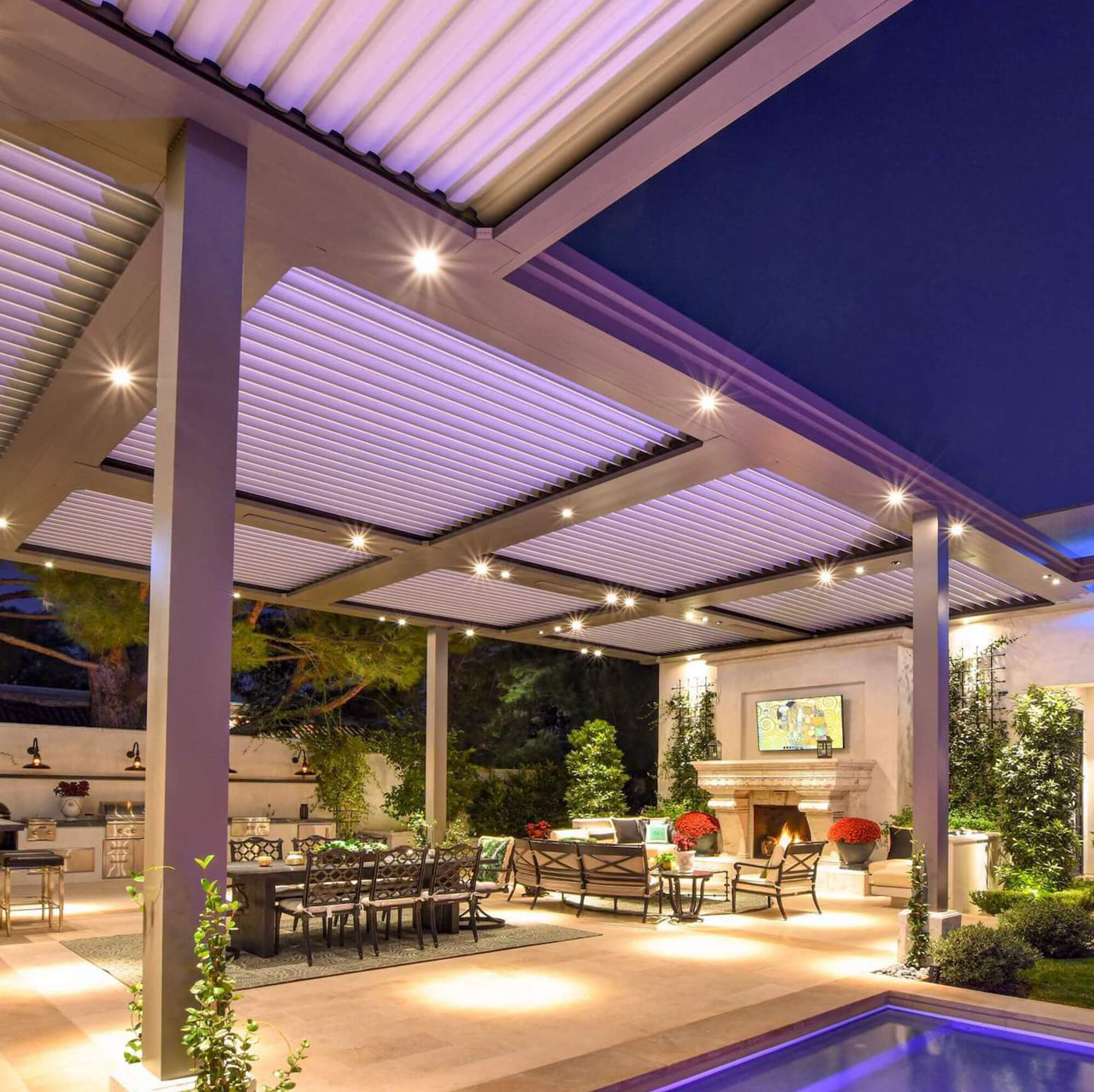 Dining area outdoor Pergola side view during night