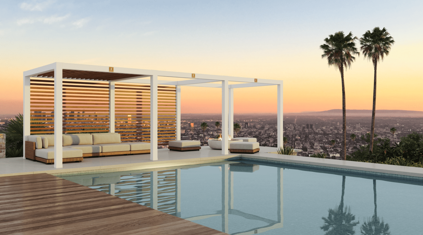 White cabana x overlooking landscape and pool