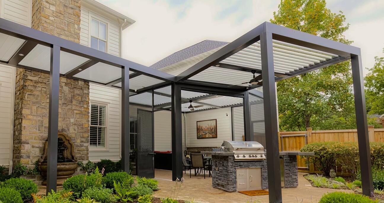 Pergola with Pan 6 roof over outdoor kitchen