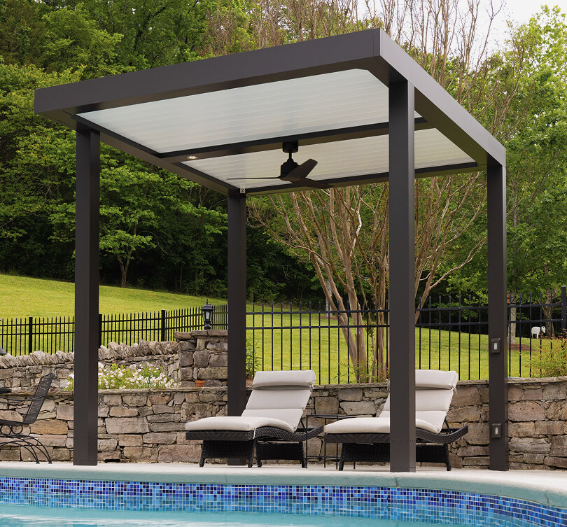 Single Pergola with Pan 6 roof next to a pool