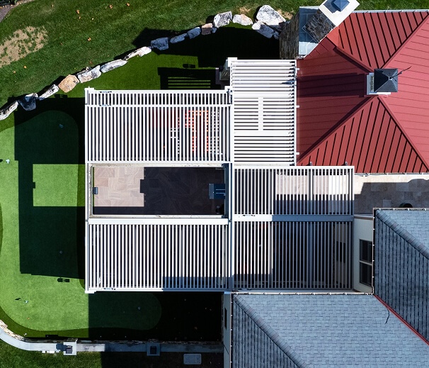 Aerial view of opening pergola X with Pivot slide canopy