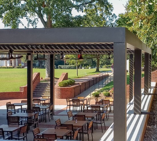 Multi Pergola X installed over a campus outdoor eating area