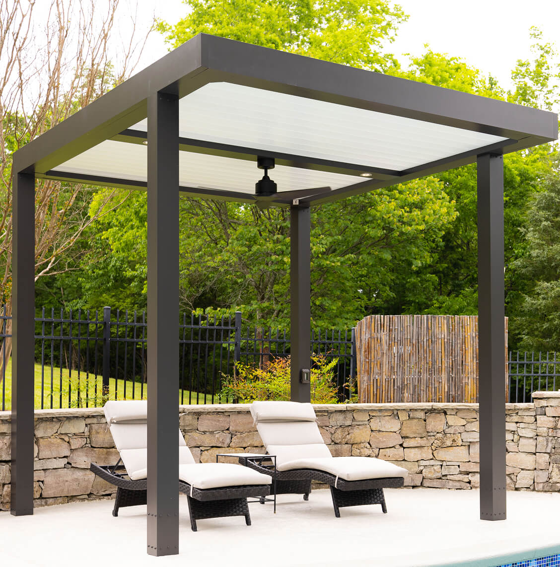 Black and white Pergola X with Pan 6 canopy next to pool