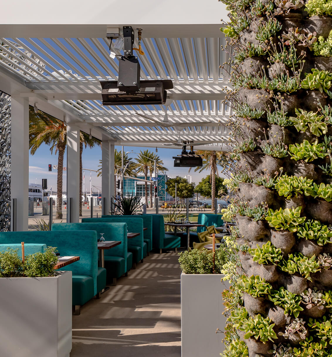 White Pergola X installed at a restaurant