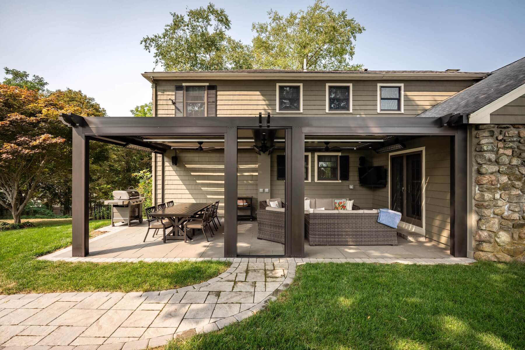 Residental Pergola X with Bronze Frame and White Louvers