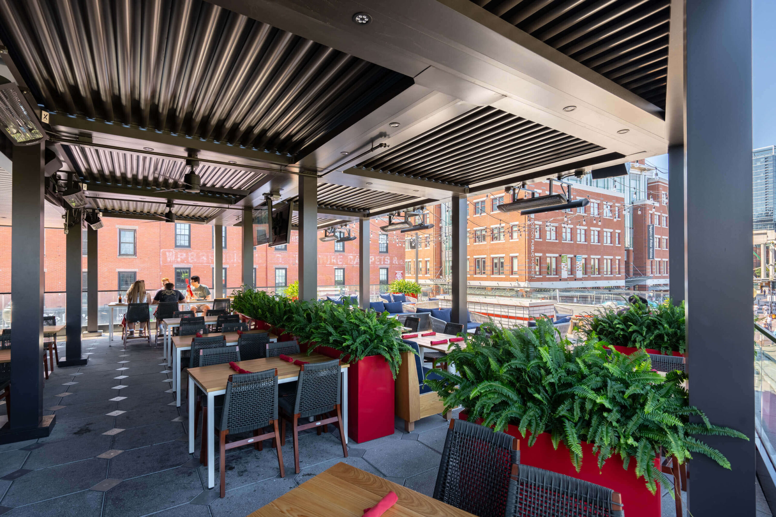 Patio with Pergola X installed at Gordon Ramsey Burger
