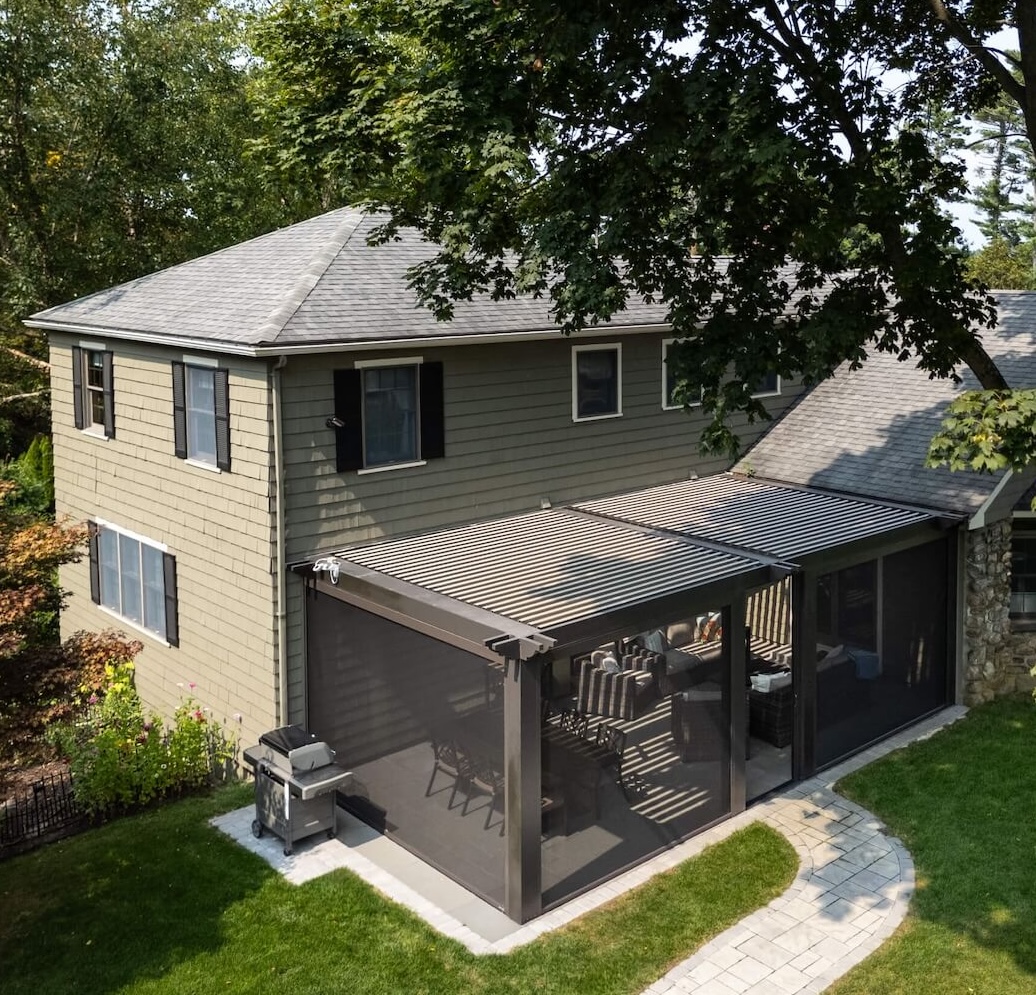 Aerial view of Pergola X as a backyard patio