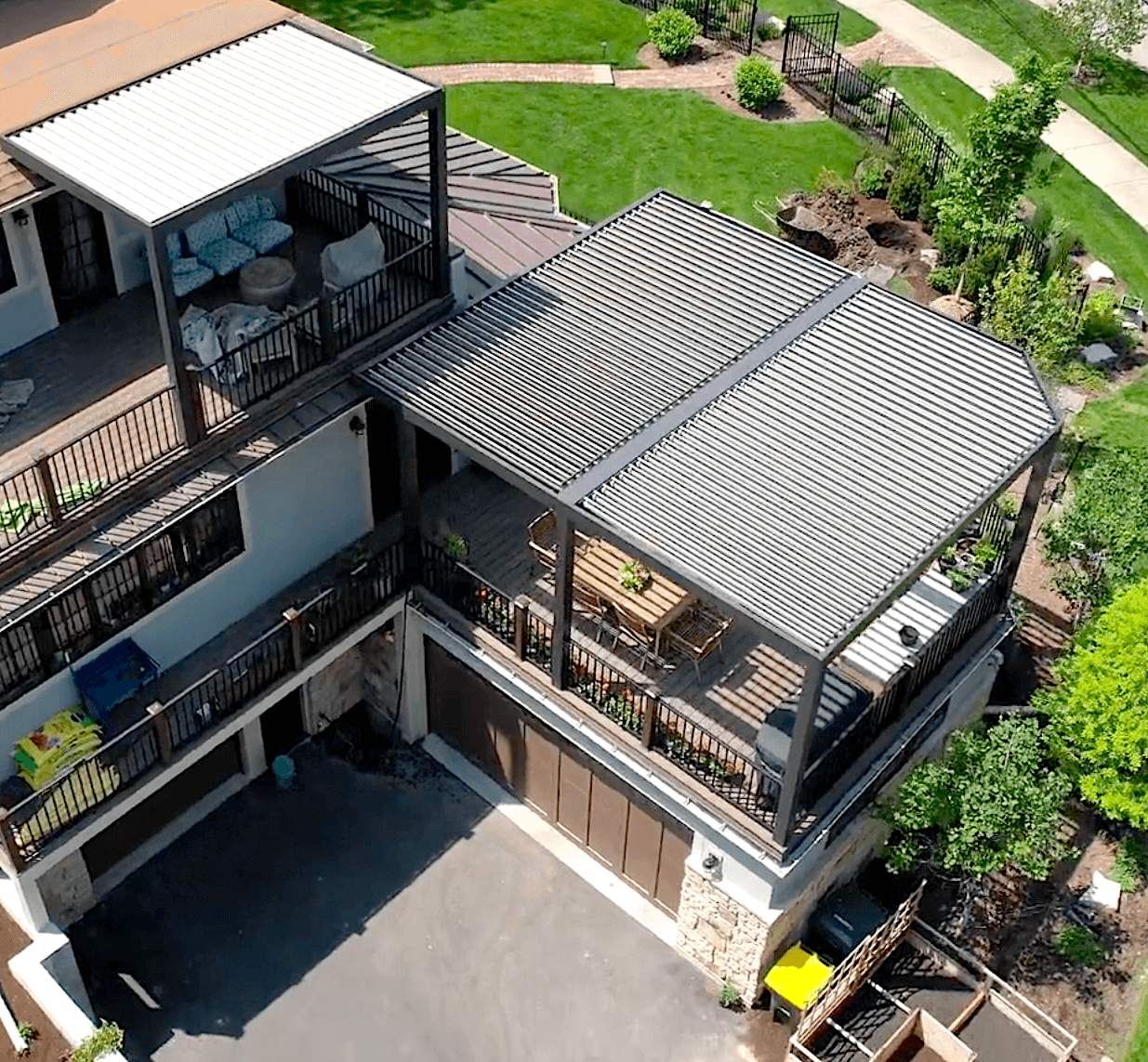 Aerial shot of multi-level pergola system