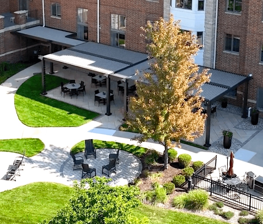Retirement community with large bronze Pergola X installed
