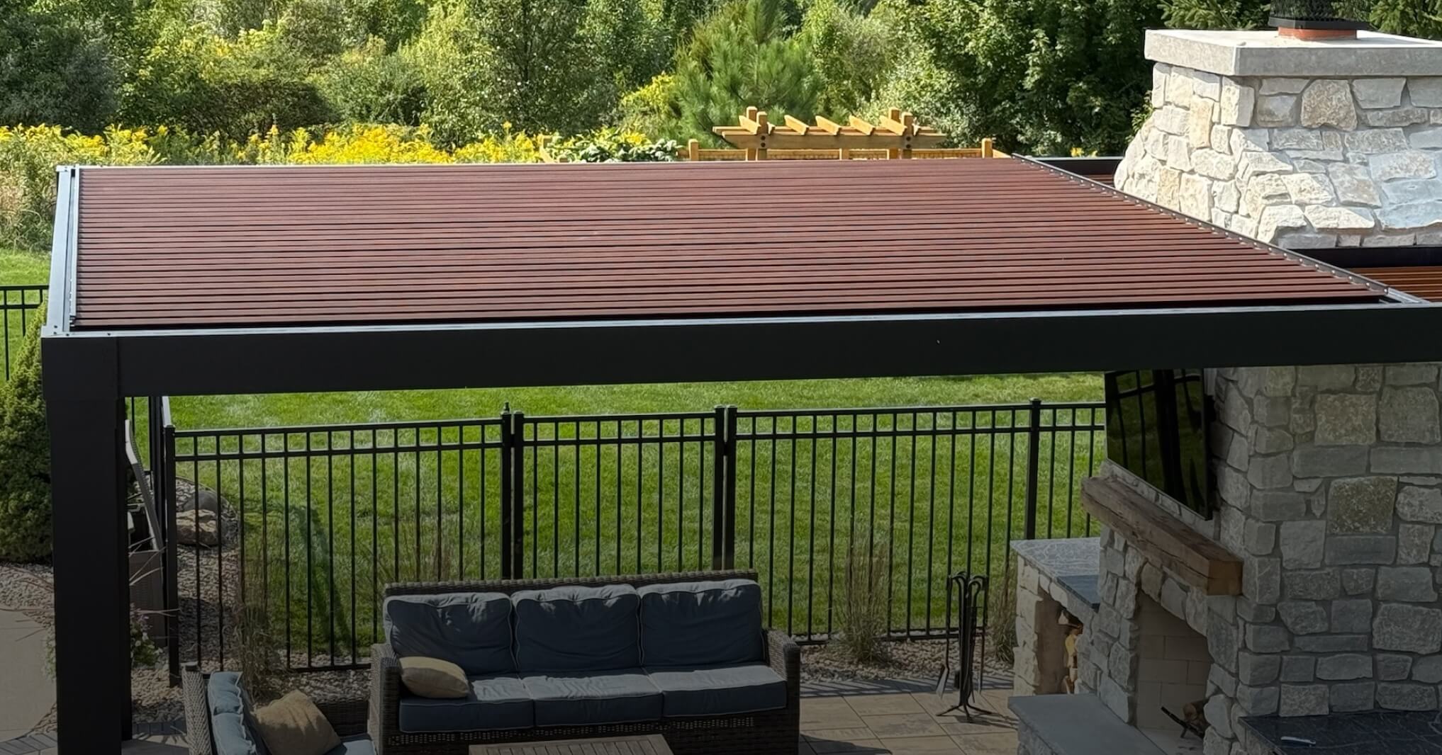 Overhead view of two-toned pergola louvers