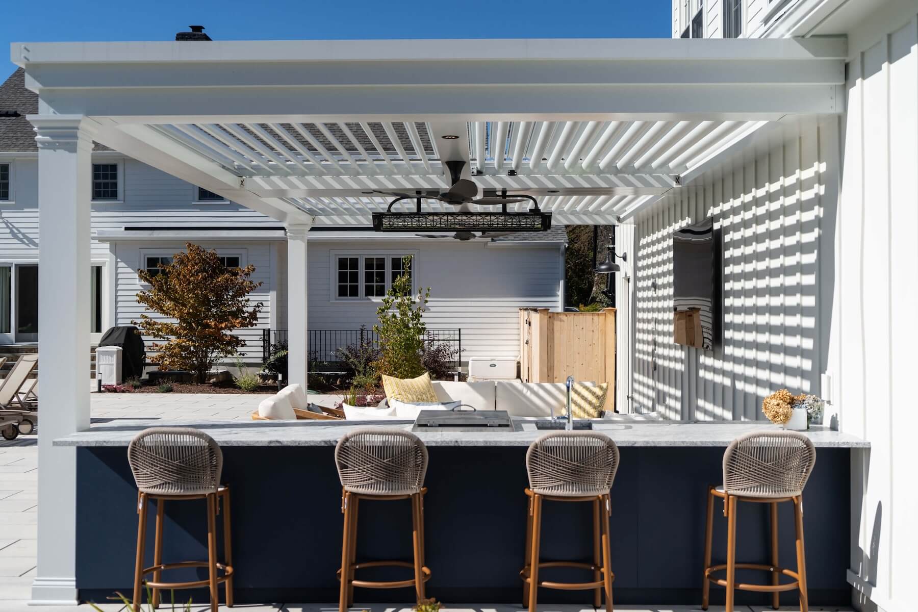 White Pergola X with heating, fans, lights and custom mounts